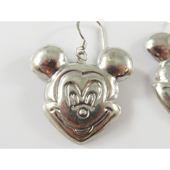 Mickey Mouse Head Repousse Sterling Silver 1" Drop Fishhook Earrings - Picture 3 of 6